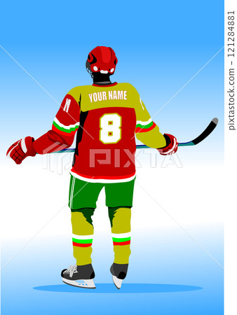 Professional hockey player wearing bulgarian colors skating away from the viewer 121284881