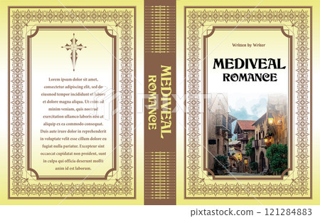 Medieval romance book cover featuring a quaint european village and elegant ornate border design Medieval romance book cover featuring a quaint european village and elegant ornate border design 121284883