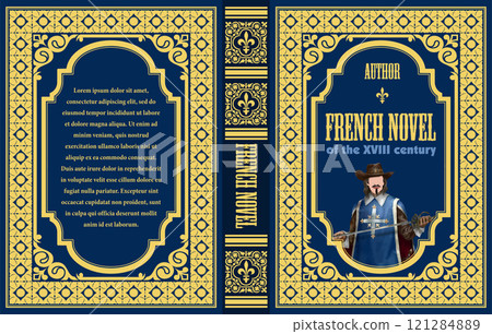 Book cover design featuring a musketeer holding a sword, set against an elegant blue and gold background with ornate frames and patterns Book cover design featuring a musketeer holding a sword, set against an elegant blue and gold background with ornate frames and patterns 121284889