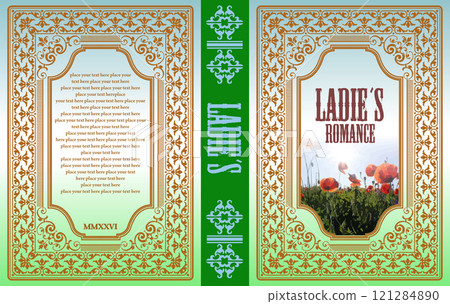 Book cover design featuring a musketeer holding a sword, set against an elegant blue and gold background with ornate frames and patterns Book cover design featuring a musketeer holding a sword, set against an elegant blue and gold background with ornate frames and patterns 121284890