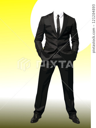 Businessman is standing with his hands in his pockets wearing a black suit 121284893