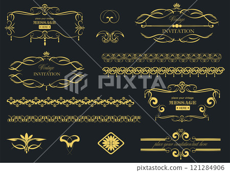 Set of golden vintage frames with floral design elements for invitation cards 121284906