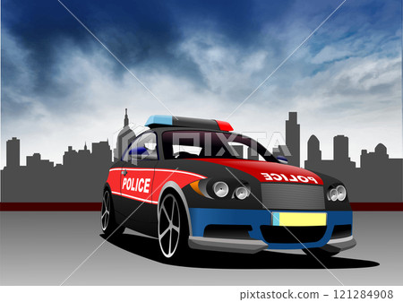 Police car is parked on a city street with a dramatic sky and the london skyline in the background 121284908