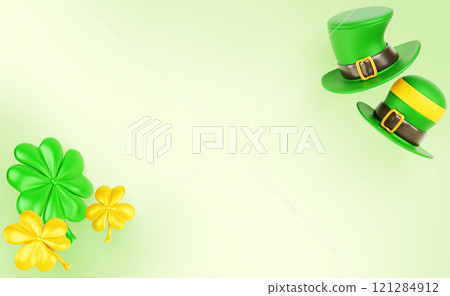 Saint Patrick day 3d green background with clover shamrock and leprechaun hat render. Traditional Irish holiday banner with costume headdress, four lucky grass leaf and space for text. 3D illustration 121284912