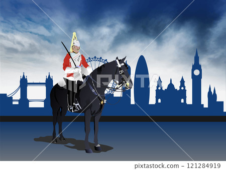 British horse guard on horseback is standing in front of a blue silhouette of the london skyline British horse guard on horseback is standing in front of a blue silhouette of the london skyline 121284919