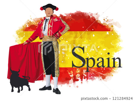 Illustration of a matador holding a red cape with a bull and the flag of spain in the background 121284924