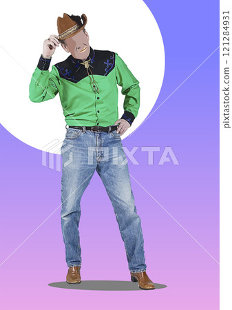 Cowboy is tipping his hat while standing in front of a colorful background Cowboy is tipping his hat while standing in front of a colorful background 121284931