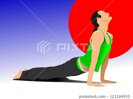 Illustration featuring a young woman practicing yoga in front of a japanese flag 121284933