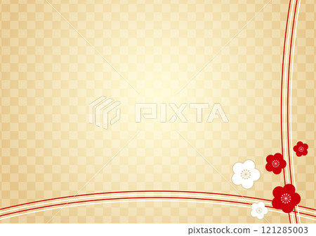 時尚的日本圖案日本紙新年賀卡背景 5 與梅花和水引 121285003