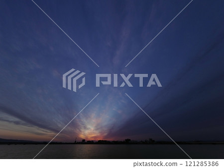 Dawn sky with various clouds spreading radially, spring, ultra-wide angle, sky-focused, 240314am Dawn sky with various clouds spreading radially, spring, ultra-wide angle, sky-focused, 240314am 121285386