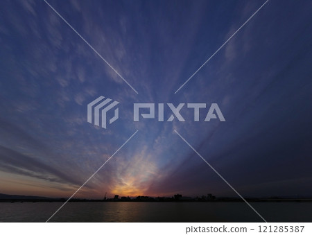 Dawn sky with various clouds spreading radially, spring, ultra-wide angle, sky-focused, 240314am Dawn sky with various clouds spreading radially, spring, ultra-wide angle, sky-focused, 240314am 121285387