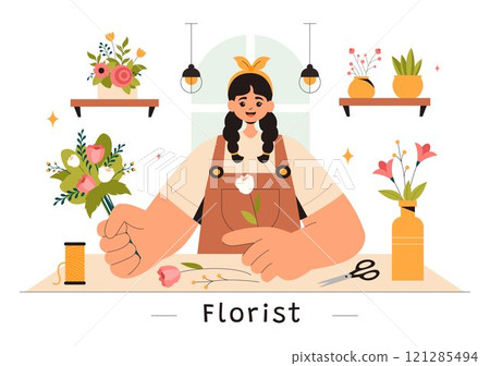 Professional Florist Working Vector Illustration featuring a Flower Store Creating Beautiful Gift Bouquets and Floral Trade in a Flat Style Background 121285494