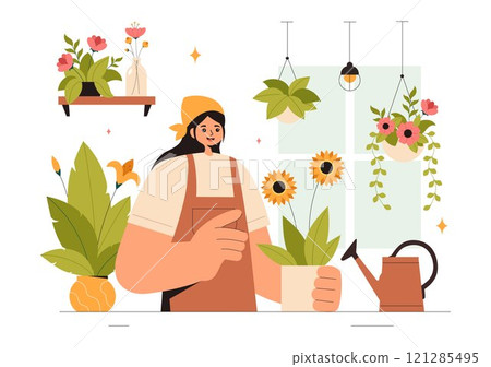 Professional Florist Working Vector Illustration featuring a Flower Store Creating Beautiful Gift Bouquets and Floral Trade in a Flat Style Background 121285495
