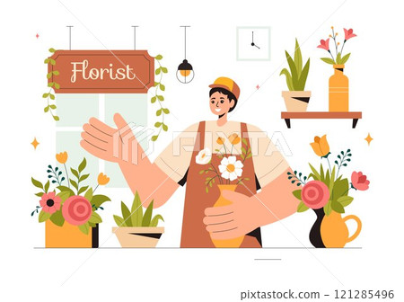 Professional Florist Working Vector Illustration featuring a Flower Store Creating Beautiful Gift Bouquets and Floral Trade in a Flat Style Background 121285496