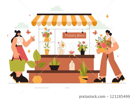 Professional Florist Working Vector Illustration featuring a Flower Store Creating Beautiful Gift Bouquets and Floral Trade in a Flat Style Background 121285499