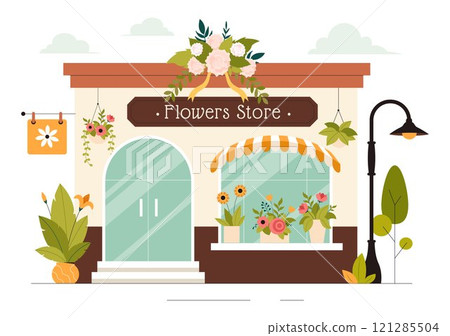 Professional Florist Working Vector Illustration featuring a Flower Store Creating Beautiful Gift Bouquets and Floral Trade in a Flat Style Background 121285504
