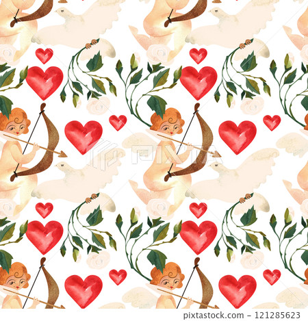 Seamless pattern with cupids, white doves, roses and hearts. Watercolor illustration. Wrapping paper for wedding and Valentine's Day. Vintage style. 121285623