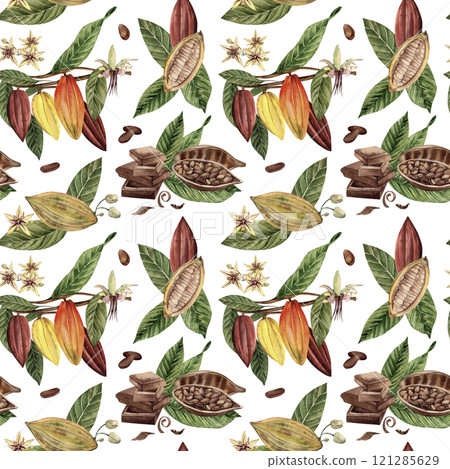Seamless pattern with fruits, flowers, leaves, flowers of the cocoa tree. The illustration of a tropical plant is hand-painted in watercolor in a botanical style. For fabric, packaging, wallpaper Seamless pattern with fruits, flowers, leaves, flowers of the cocoa tree. The illustration of a tropical plant is hand-painted in watercolor in a botanical style. For fabric, packaging, wallpaper 121285629