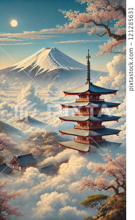 [AI Art] Although it is not a cloud, cherry blossoms blooming in the mountain village, five-story pagoda, Mt. Fuji, sea of clouds, Japan, AI art, AI illustration, AI generated image 121285631