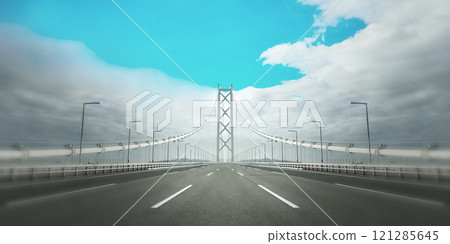 A fantastic panoramic image of the Akashi Kaikyo Bridge over Awaji Island, the sky and clouds, with the surroundings blurred 121285645