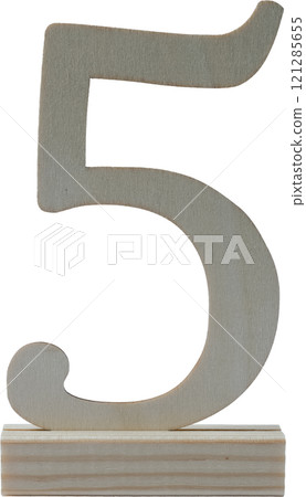 Wooden number decoration accessory, number 5, freestanding, white background 121285655