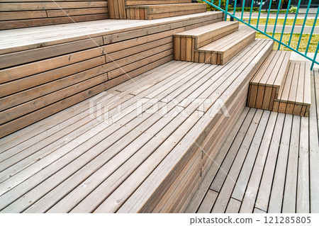 Outdoor wooden steps with clean design and natural finish 121285805