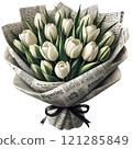 Elegant White Tulips Wrapped in Vintage Newsprint 121285849
