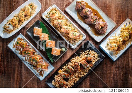 Traditional Japanese Dishes. Sushi Set. Ikazaya Food Concept 121286035