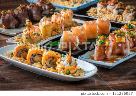 Traditional Japanese Dishes. Fried Shrimp Sushi Roll Set. Ikazaya Food Concept 121286037
