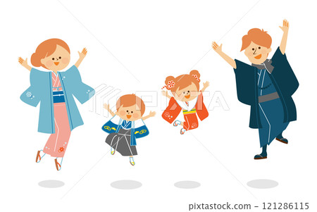 New Year's Day, Shichigosan, illustration of a family jumping in Japanese kimonos 121286115