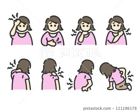 具有各種身體症狀的女性圖示（線條畫顏色）的插圖集 121286178
