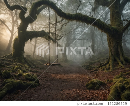swing on an old tree in a dark forest 121286329