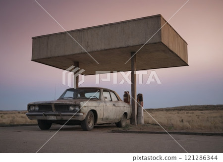 car at old gas station 121286344
