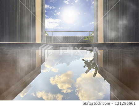 柏樹露天浴池的浴缸反射出美麗的雲和陽光，蒸氣升起的合成影像素材。 121286661