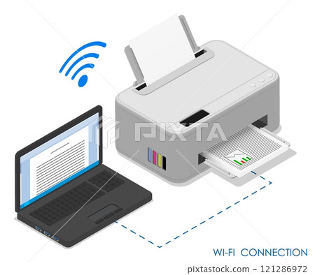 Isometric inkjet printer connected to laptop by WiFi network. Printing documents in office. Realistic 3D vector concept isolated on white background 121286972