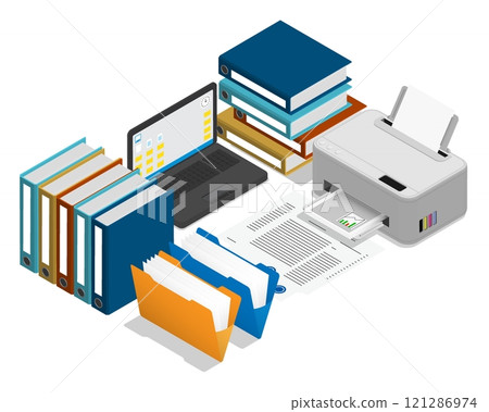 Isometric workplace of an employee of archive, accounting, or personnel department. Organization of storage and ordering of documents. Realistic 3D vector isolated on white background 121286974