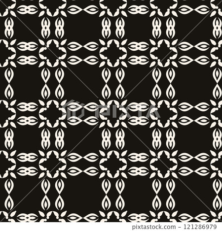Vector black and white floral geometric seamless pattern. Abstract minimal geometric ornament with flowers in oriental style. Repeat design. Vector black and white floral geometric seamless pattern. Abstract minimal geometric ornament with flowers in oriental style. Repeat design. 121286979