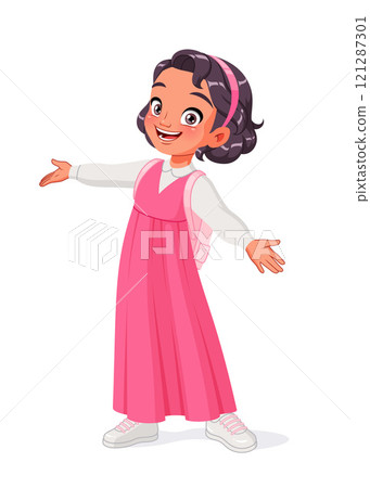 Cute little Arab school girl greeting with open arms. Cartoon vector illustration. 121287301