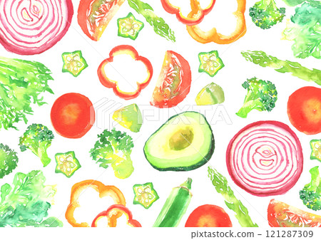 Background illustration of salad vegetables painted in watercolor 121287309