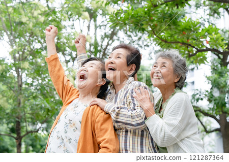 Senior women friends smiling 121287364