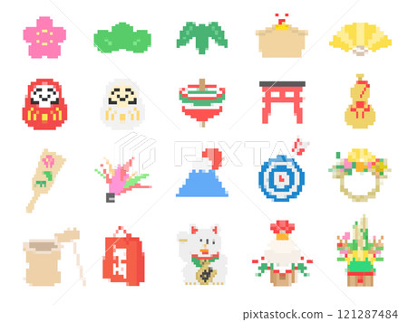 A set of various New Year's pixel art illustrations 121287484