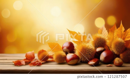 [AI圖像]秋天公園裡撿到的落葉和栗子 121287507