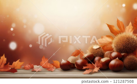 AI image: Fallen leaves and chestnuts picked up in a park in autumn 121287508