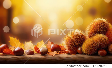 AI image: Fallen leaves and chestnuts picked up in a park in autumn 121287509