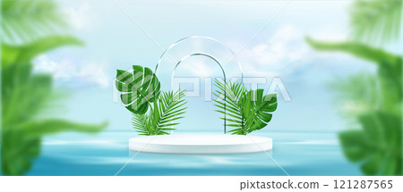 Water podium with minimalist white platform 121287565