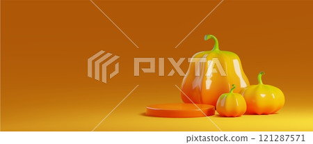 Round podium and pumpkins on orange background 121287571