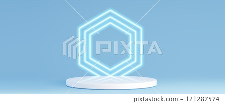White circular stage with neon blue hexagon 121287574
