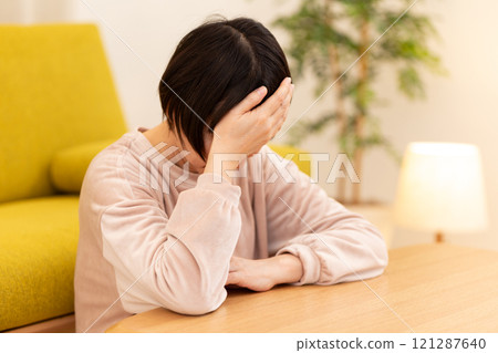 冬夜,穿著睡衣的中高級女性在客廳顯得沮喪 冬夜,穿著睡衣的中高級女性在客廳顯得沮喪 121287640