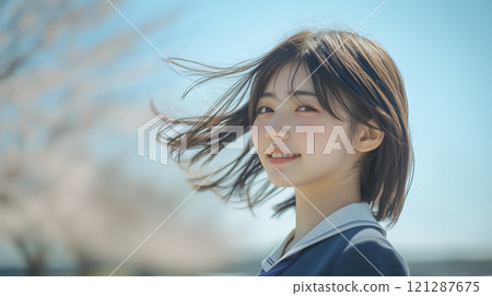 AI-generated image of a smiling high school girl in spring with cherry blossoms in bloom 121287675