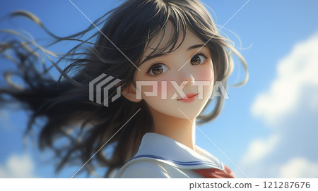 AI-generated image of a high school girl's hair swaying in the refreshing breeze 121287676
